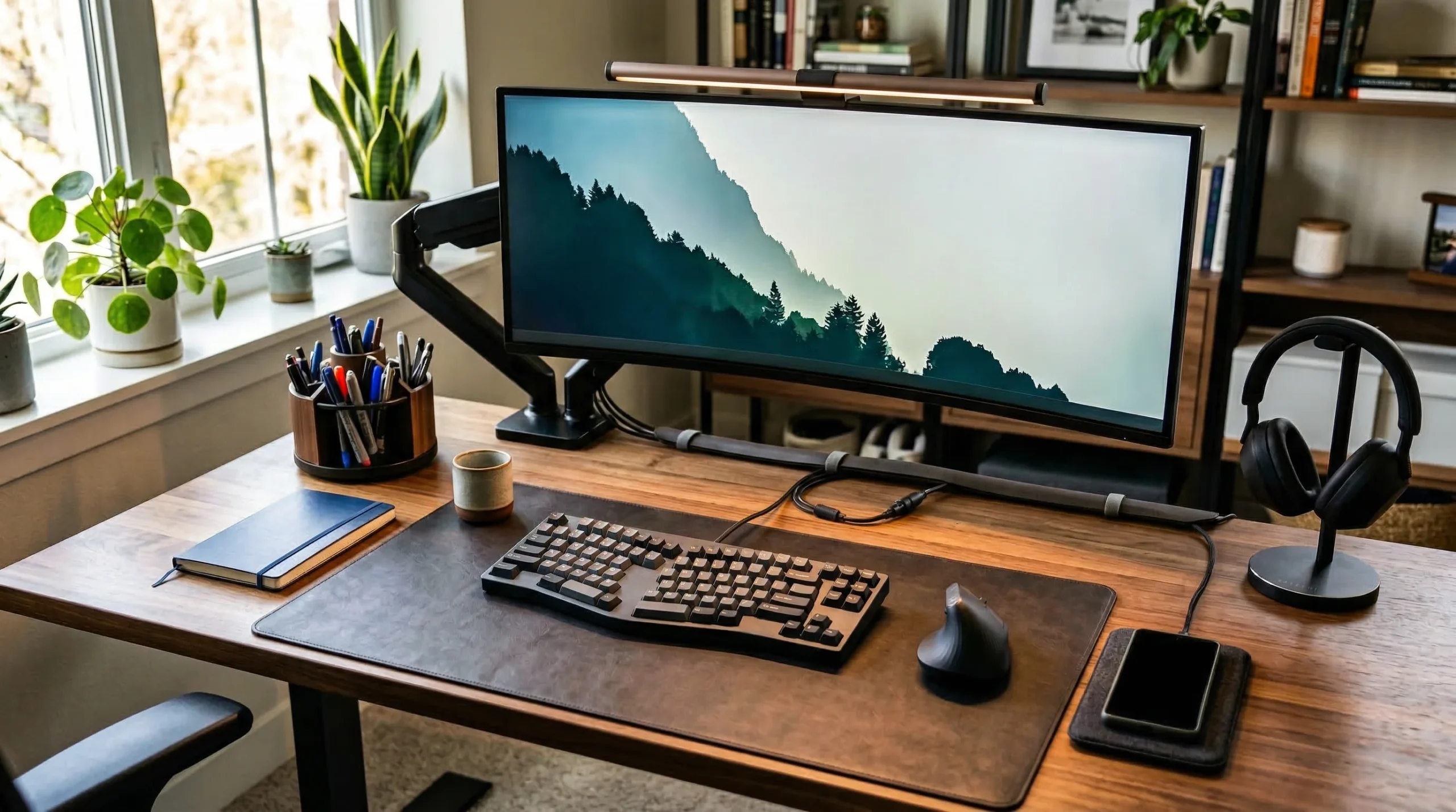 Best desk accessories for home office setup including monitor arm, ergonomic keyboard, desk mat, and monitor light bar