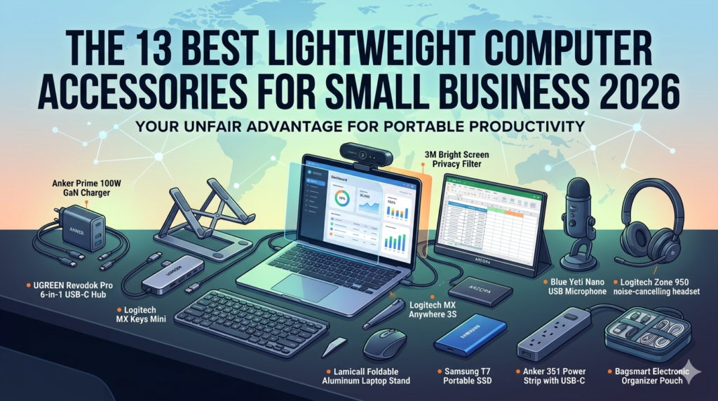 A professional collection of the 13 best lightweight computer accessories for small business in 2026, including a Logitech keyboard, Anker GaN charger, and portable monitor arranged on a modern desk with labels.