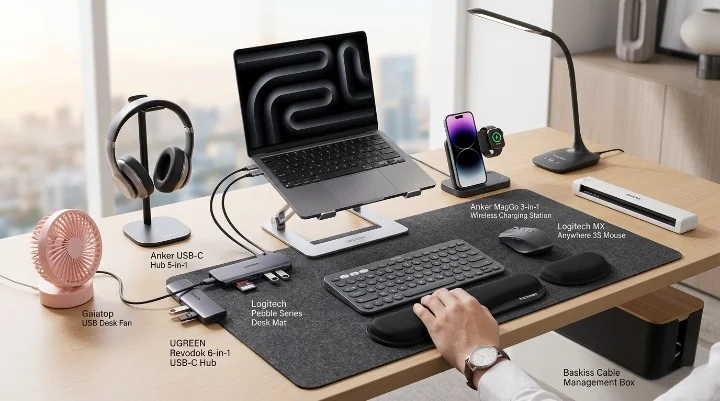 A professional and organized small business desk setup featuring a laptop on a silver riser, a portable scanner, and various lightweight computer accessories like a USB-C hub and wireless charger.