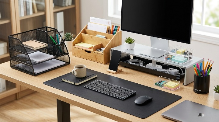 Top-rated Staples desk organizers including wire mesh trays, bamboo monitor stands, and acrylic office accessories on a clean desk.