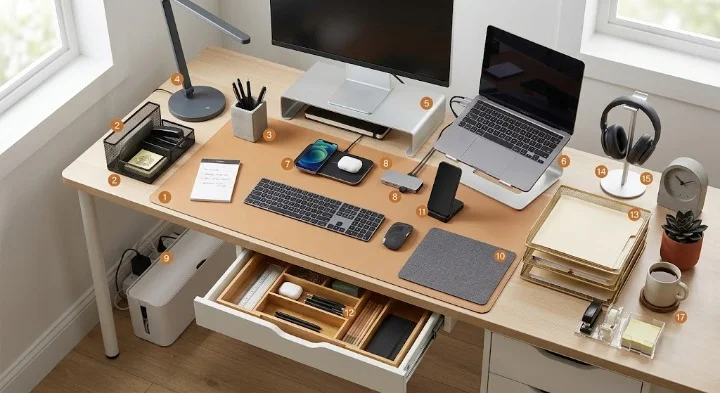 An overhead view of a well-organized modern desk featuring all 17 stylish desk accessories listed, each numbered from 1 to 17. The setup includes a tan leather mat, a monitor, a laptop, various organizers, charging devices, a lamp, a headphone stand, and a planter.