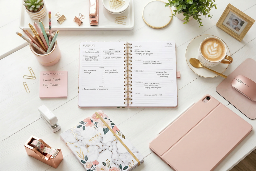 Cute office desk accessories for her — pink pen holder, floral notebook, rose gold stapler, succulent plant, and desk organizer arranged on a white feminine workspace