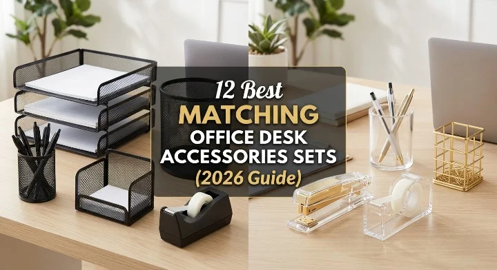 Flat lay comparison of matching black mesh and acrylic/gold office desk accessories sets on a modern desk