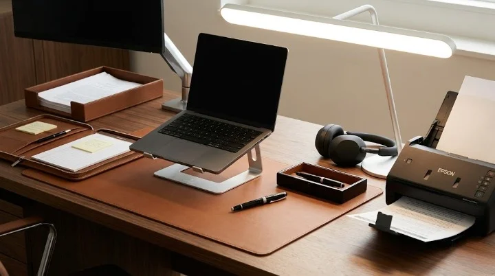 A high-end legal professional desk setup on a wood desk featuring a leather desk mat, a laptop on an ergonomic stand, an open leather padfolio, a premium pen, a wide LED desk lamp, a document scanner, a leather letter tray, and noise-canceling headphones.