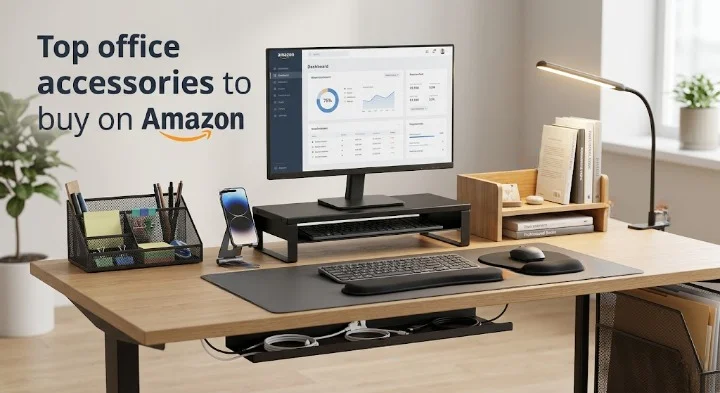 A clean, organized wooden desk setup featuring a monitor riser, mesh desk organizer, ergonomic wrist rests, a leather desk mat, and a under-desk cable management tray, with the text "Top office accessories to buy on Amazon" overlaid on the left.