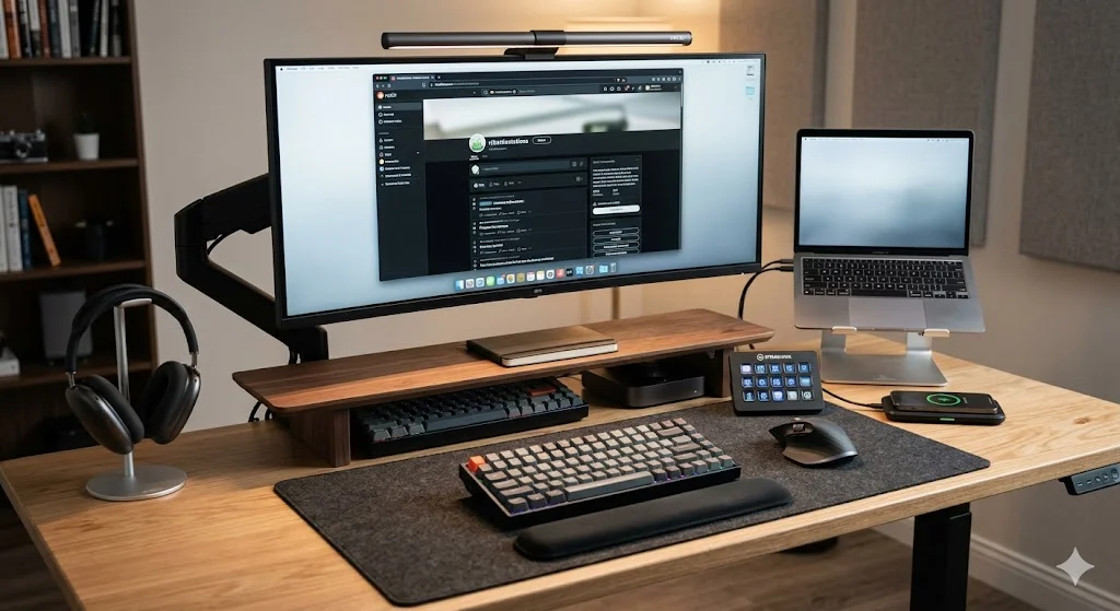 A clean ergonomic desk setup featuring a monitor arm, mechanical keyboard, MX Master mouse, and a monitor light bar with the Reddit r/battlestations community visible on the screen.