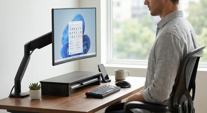 A clean, modern home office desk setup featuring a black ergonomic monitor arm lifting a screen to eye level on a walnut desk, with a bamboo riser, keyboard, and mouse, showcasing healthy posture and smart organization.