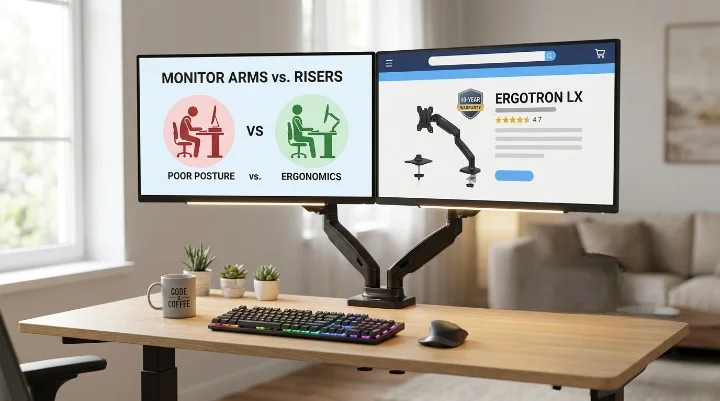 A modern 2026 desk setup with a double adjustable monitor arm system clamped to a wooden standing desk. The left screen shows a 'Monitor Arms vs. Risers' infographic about posture, and the right screen details the Ergotron LX monitor arm. An ergonomic keyboard and succulents are visible.