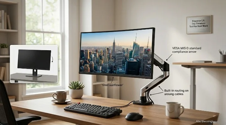 The Ergotron LX monitor arm in matte black supporting a 34-inch ultrawide monitor on a clean wooden desk setup, demonstrating its sturdy build and cable management features.