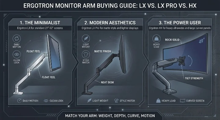 Image comparing Ergotron LX, LX Pro, and HX monitor arms for different setups like standard, matte aesthetic, and heavy ultrawide displays