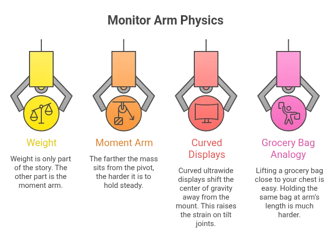 Infographic explaining monitor arm physics, including weight, the moment arm effect on curved displays, and the grocery bag analogy for leverage.