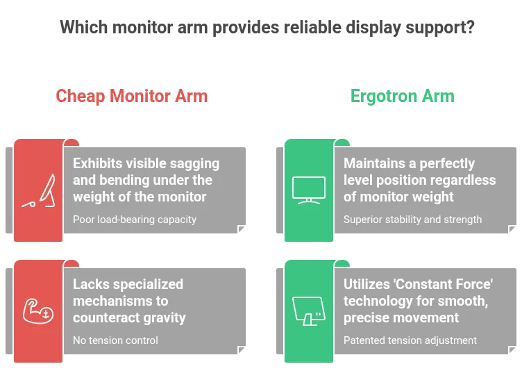 A diagram comparing a sagging budget monitor arm to the stable Ergotron LX Constant Force design under weight.