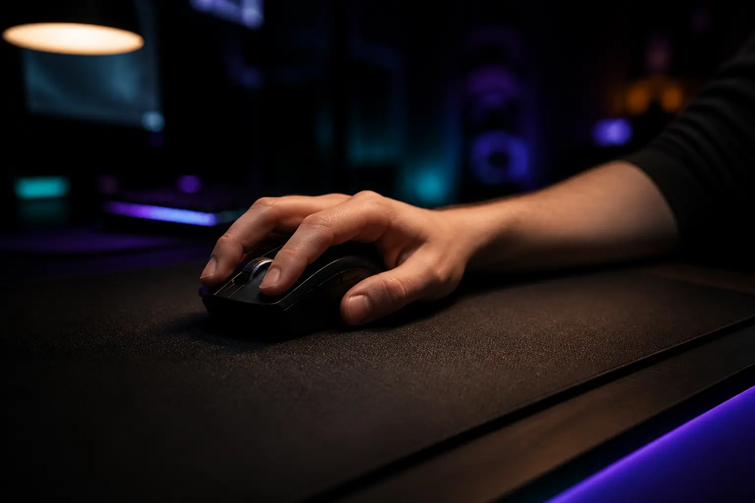 Gamer's hand gripping a black gaming mouse on a charcoal Cordura fabric mousepad, illuminated by teal and purple RGB desk lighting in a dark gaming room
