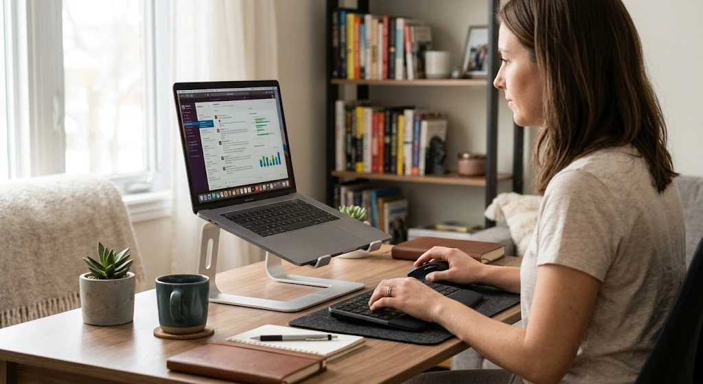 Modern home office desk featuring a laptop elevated on an adjustable aluminum stand alongside an external keyboard and mouse.