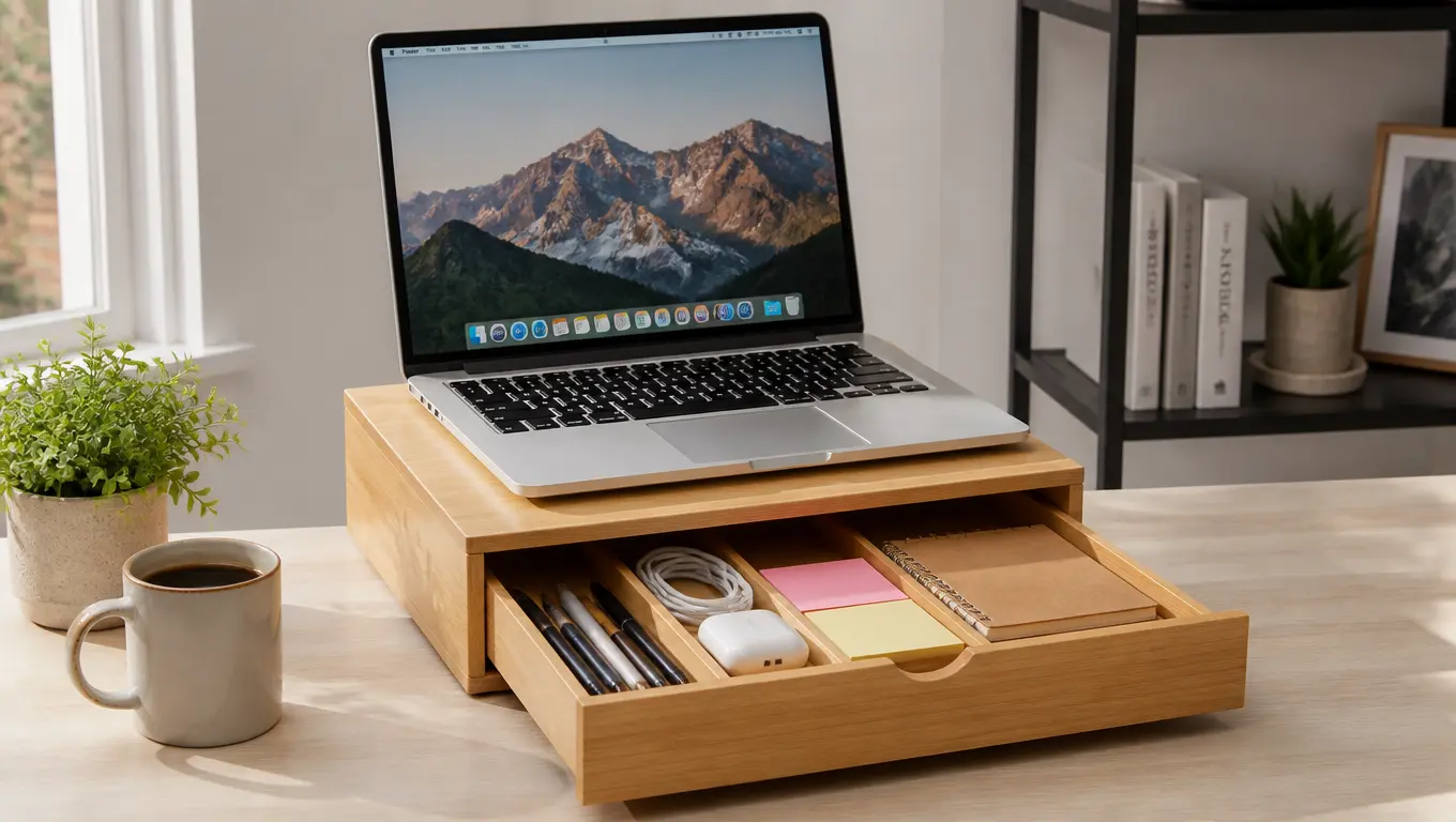 Best laptop stand with storage: wooden laptop stand on a clean desk with an open drawer holding pens, cables, and a notebook, warm natural light