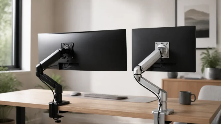 Ergotron LX vs Humanscale M2.1 monitor arm comparison on a modern home office desk, with a matte black Ergotron LX holding a 34-inch ultrawide and a polished aluminum Humanscale M2.1 holding a 27-inch monitor.