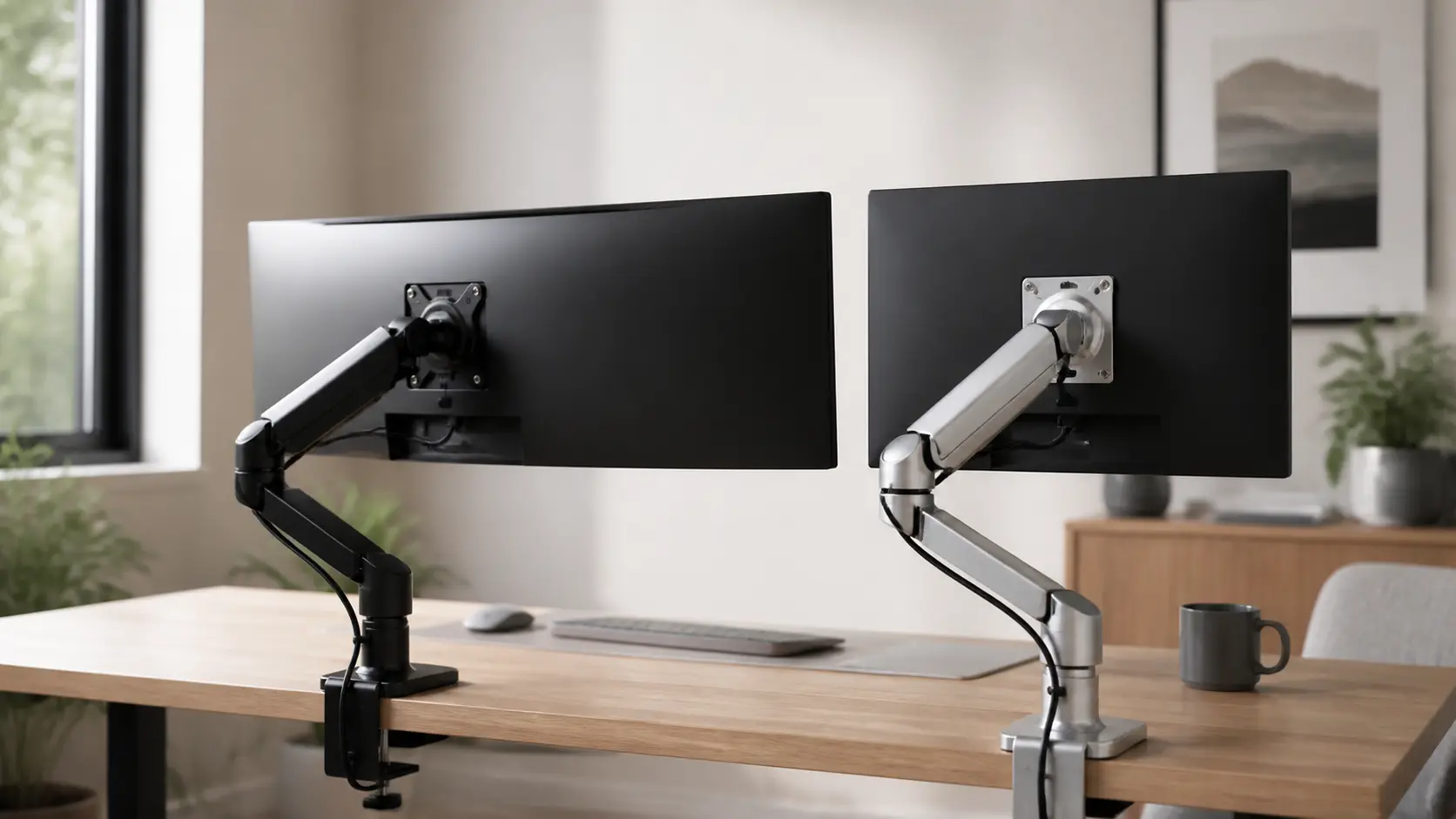 Ergotron LX vs Humanscale M2.1 monitor arm comparison on a modern home office desk, with a matte black Ergotron LX holding a 34-inch ultrawide and a polished aluminum Humanscale M2.1 holding a 27-inch monitor.