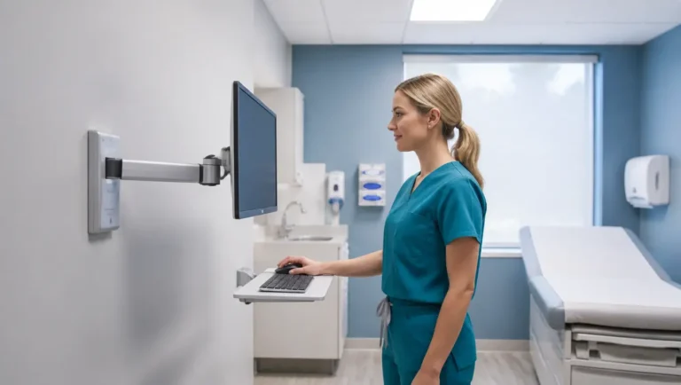 Ergotron LX Wall Mount in healthcare: a nurse using a wall mounted monitor arm with keyboard tray for point of care charting in a hospital exam room