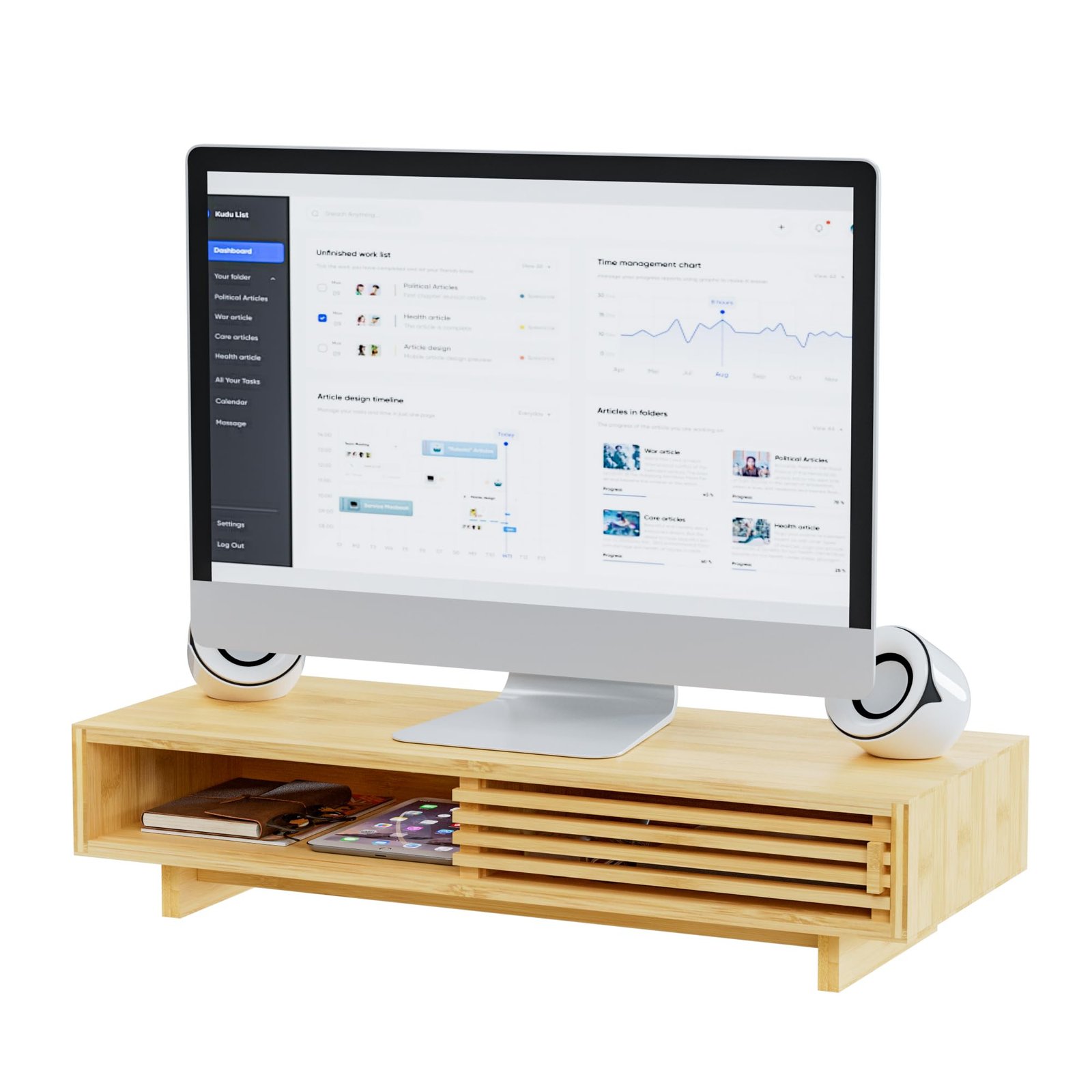 Zri bamboo dual laptop stand with storage drawer for a warm desk setup