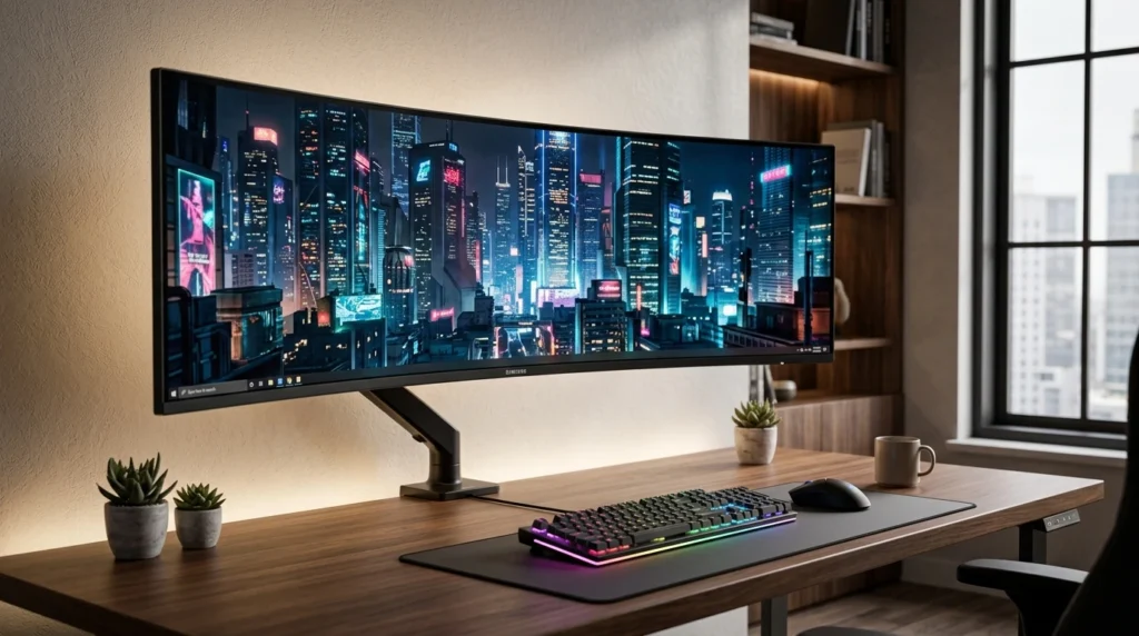 photo of a high-end modern home office setup featuring a massive 49-inch curved Samsung Odyssey G9 monitor floating on a premium matte black Ergotron HX monitor arm over a solid walnut desk with ambient lighting