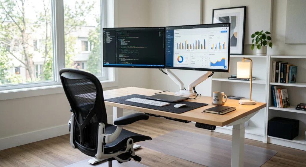 Modern ergonomic home office setup featuring a clean electric standing desk with dual monitors, an ergonomic chair, and a tidy minimalist workspace.